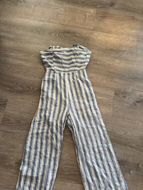 Gianni Bini Blue and Cream Striped Strapless Jumpsuit